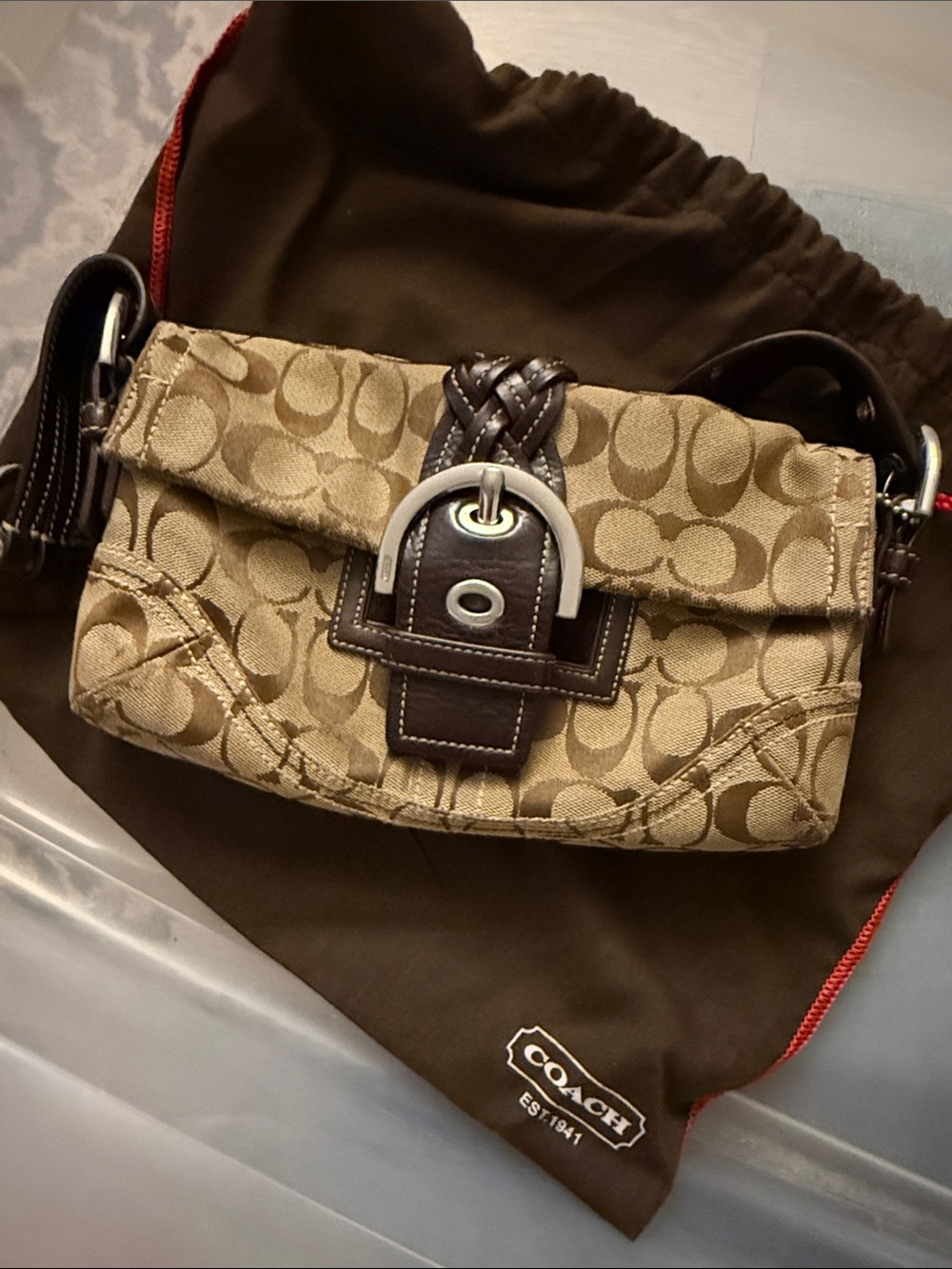 Coach Khaki Signature Canvas Crossbody with Brown Leather Trim